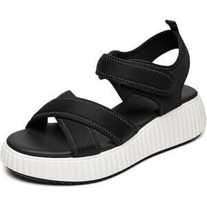 New Rihero Womens 9.5 Black White Hook Loop Strap Comfort Platform Sandal Shoes